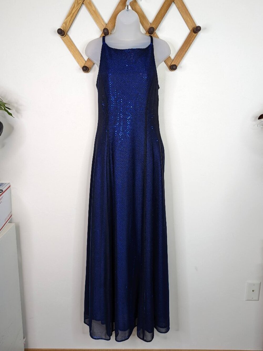 Betsy & Adam Y2K Sequin Mesh Blue A-Line Maxi Dress - Medium